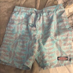 Vineyard Vines Light Blue & Gray Fish-Print Swim Shorts